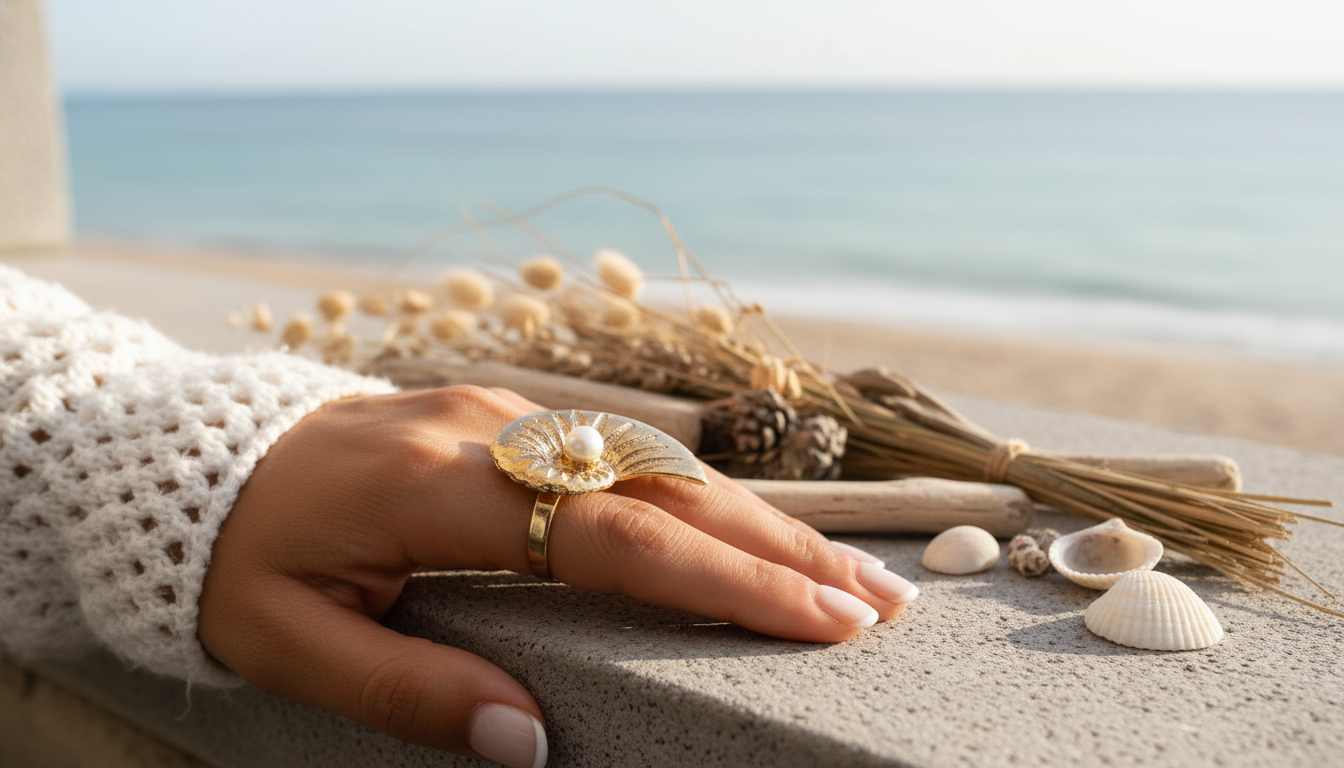Bold Gold Conch Shell Ring with Pearl Detail