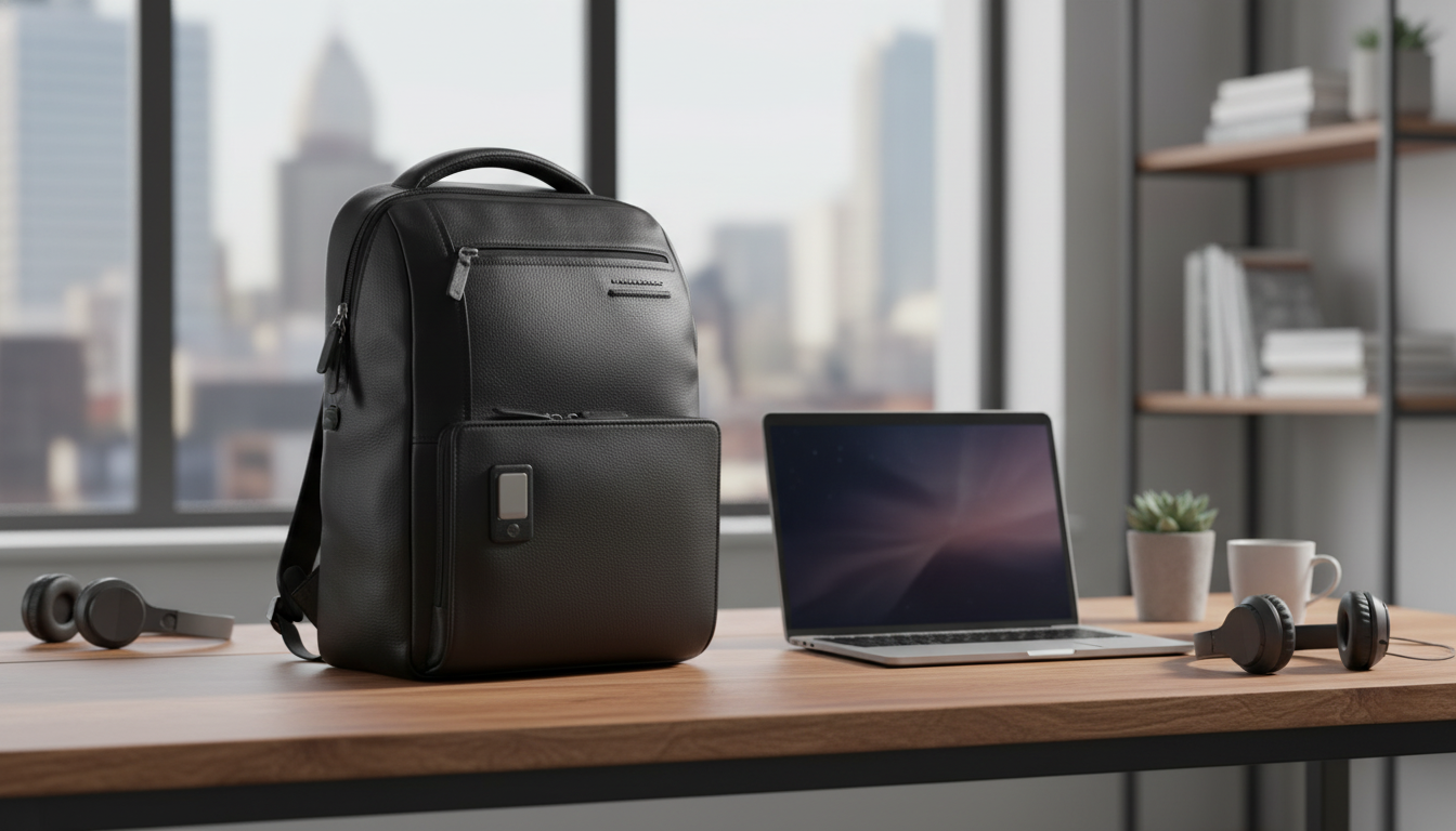 Piquadro Black Leather Laptop Backpack with Combo Lock