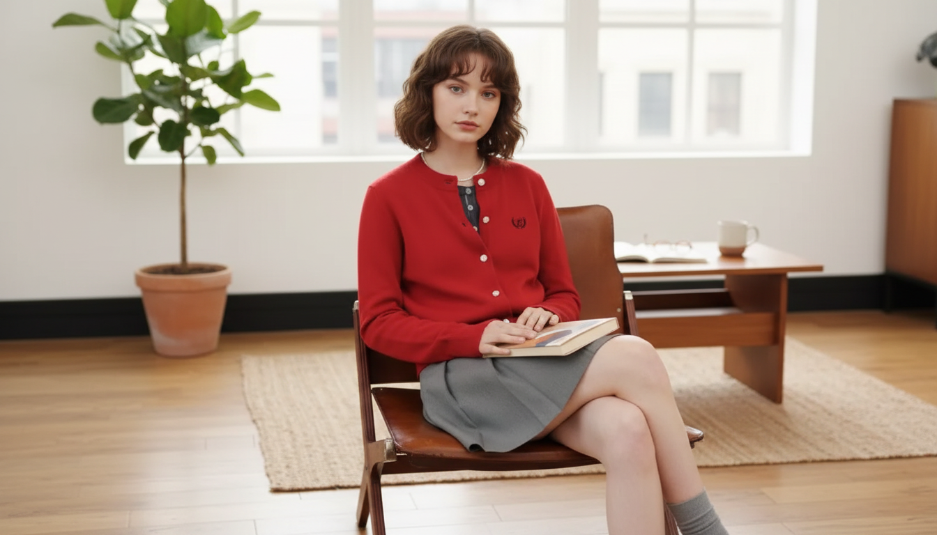 Embroidered Wool-Blend Cardigan: Round Neck, Full Sleeves